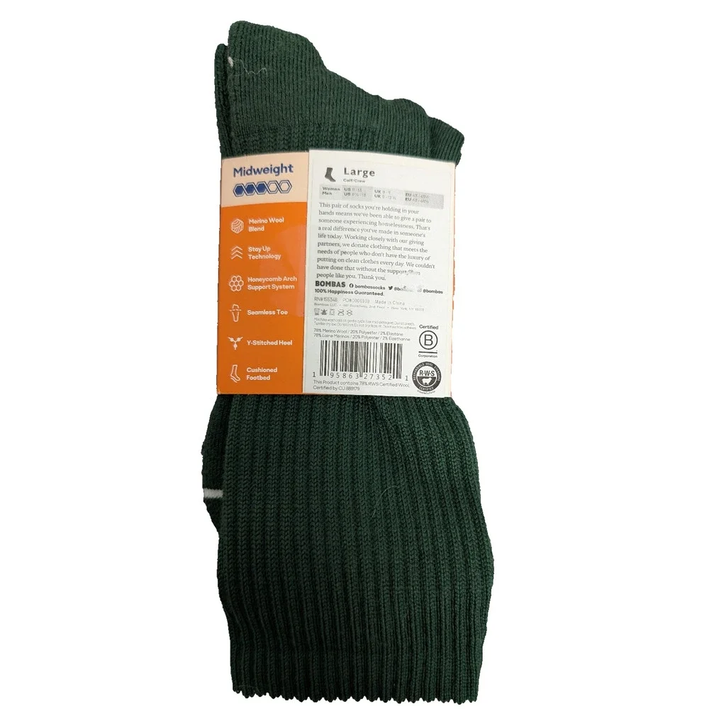Bombas Merino Wool Socks Large Green Calf Crew Midweight Outdoor Hike Comfort